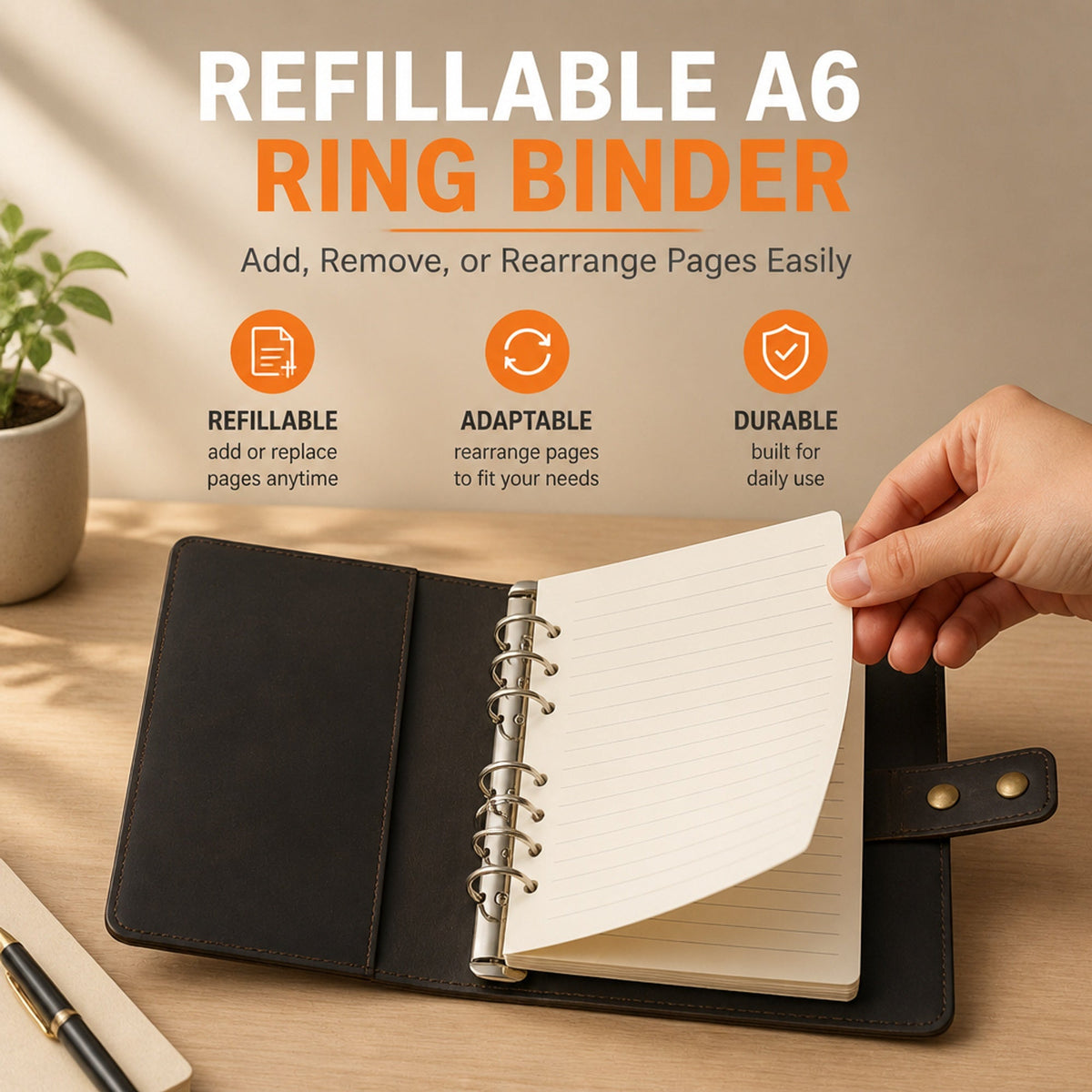 Refillable Leather Ring-Binder Journal (8 × 6 in)