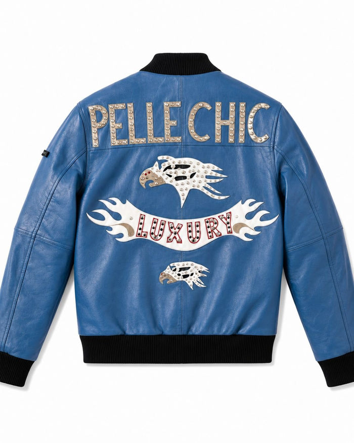 Pelle Chic blue studded luxury leather bomber jacket