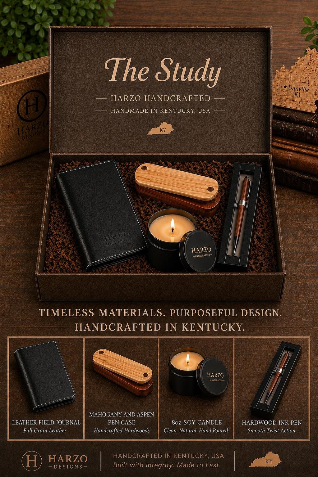 The Study — Leather Journal, Pen & Candle Gift Set