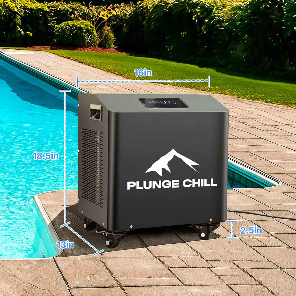 PLUNGE CHILL 1HP chiller dimension diagram and caster wheels