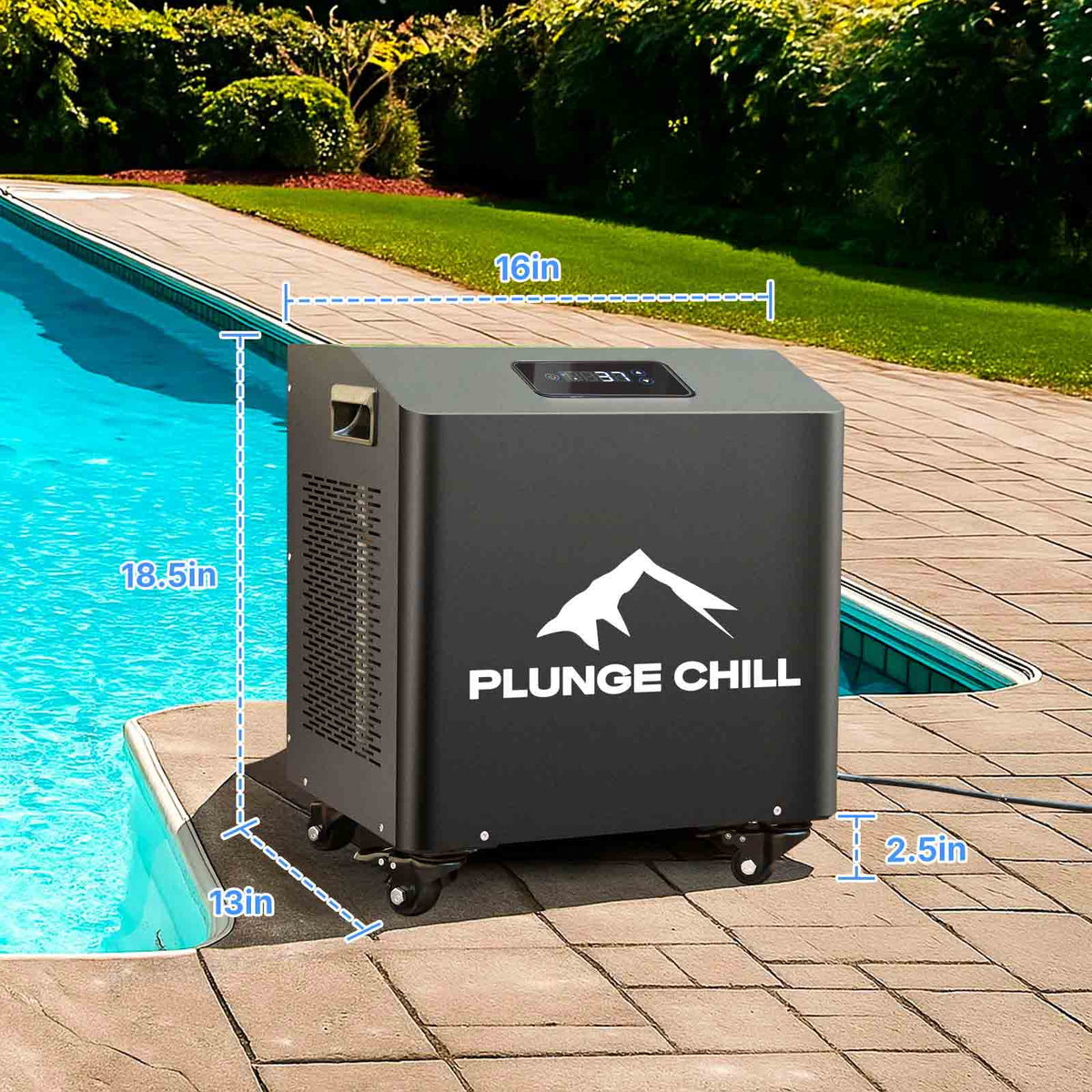 PLUNGE CHILL 1HP chiller dimension diagram and caster wheels