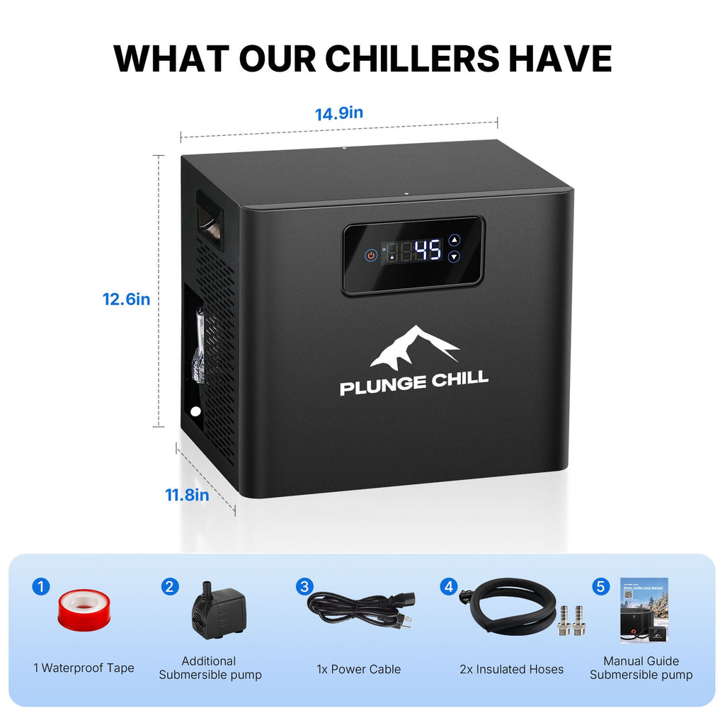 PLUNGE CHILL 1/3 HP chiller dimensions and included pump, hoses, cable and manual — merchant graphic