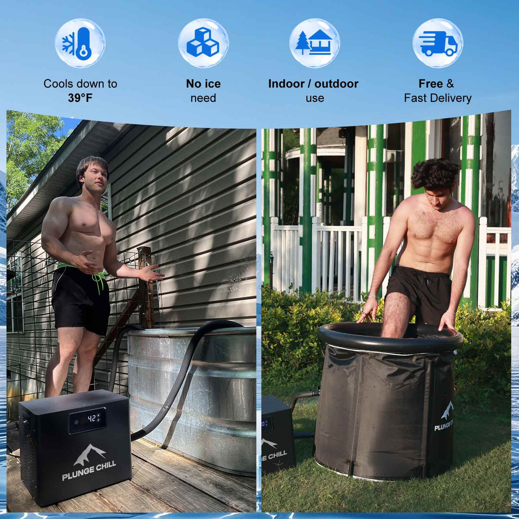 PLUNGE CHILL chiller connected to two example tubs outdoors; tubs sold separately — merchant photo