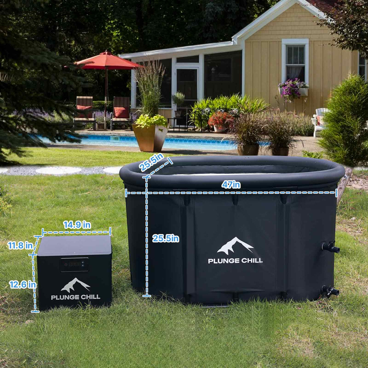 PLUNGE CHILL MAX tub and chiller with dimension markings