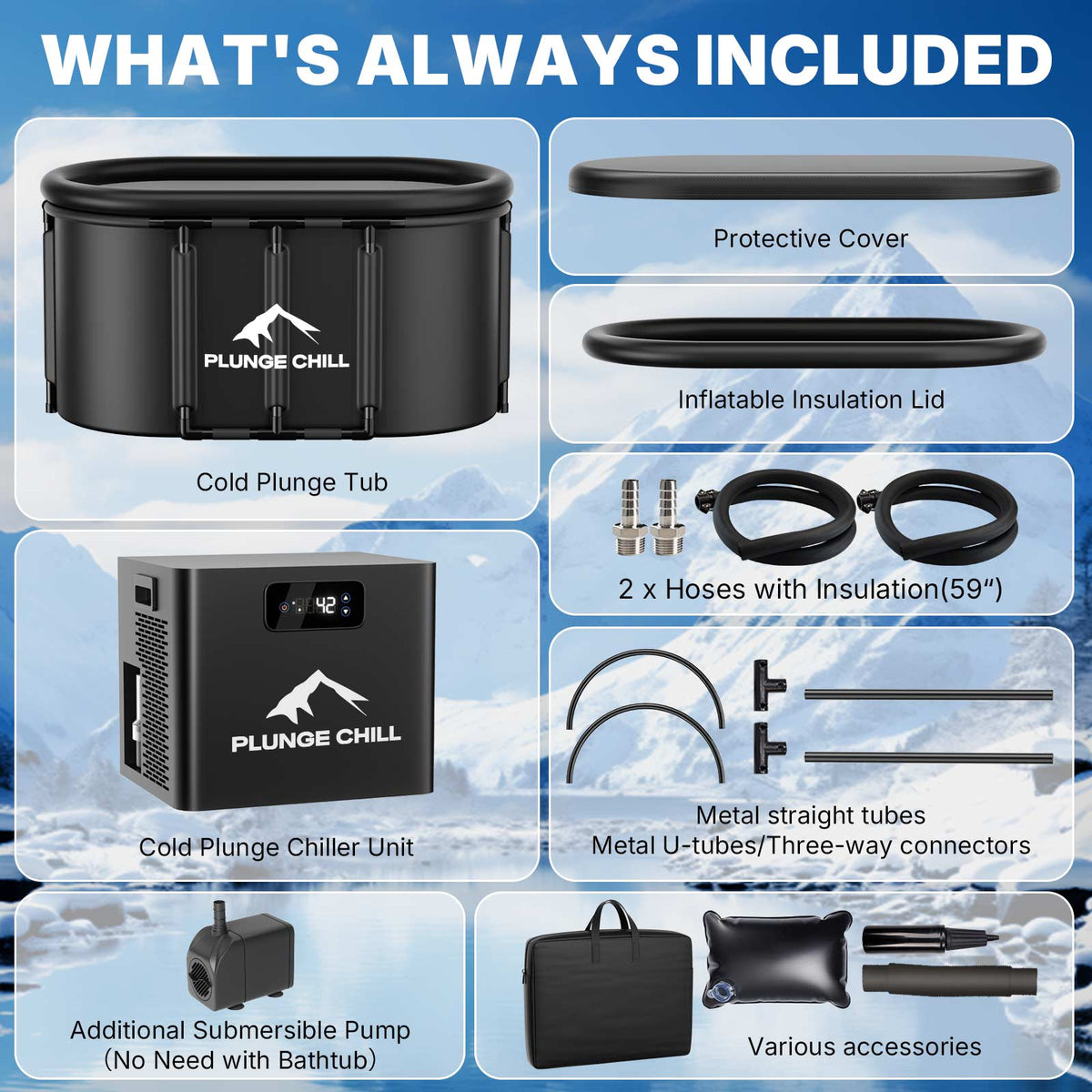 PLUNGE CHILL MAX bundle contents including tub, chiller, hoses and accessories