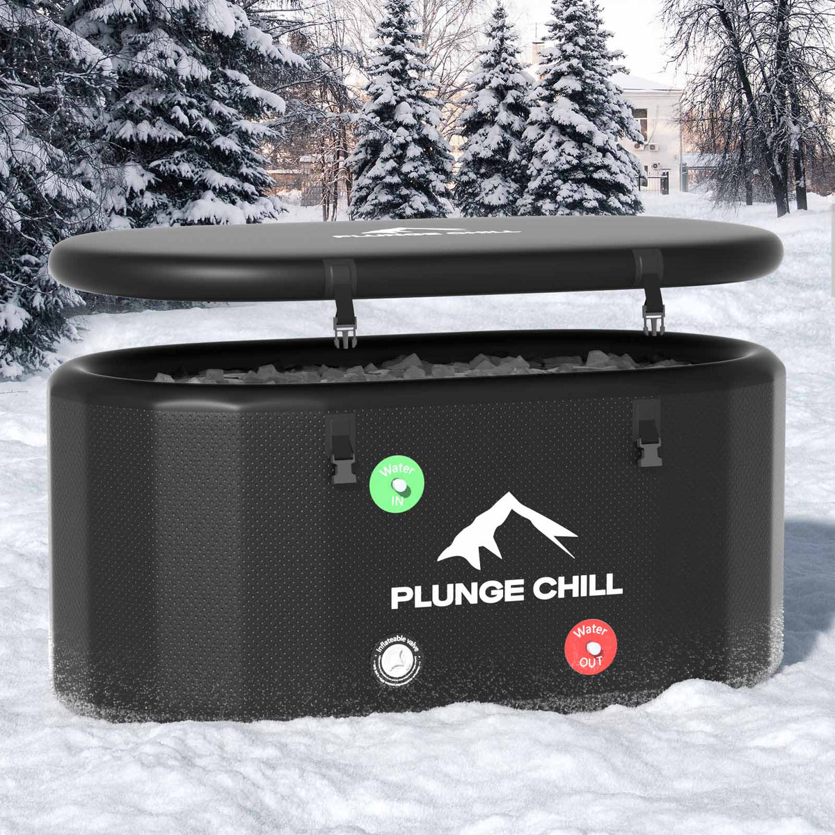 PLUNGE CHILL Pro tub and lid with water inlet and outlet labels