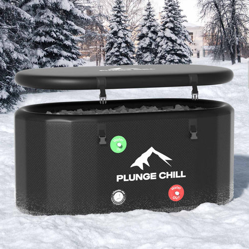 PLUNGE CHILL Pro tub and lid with water inlet and outlet labels