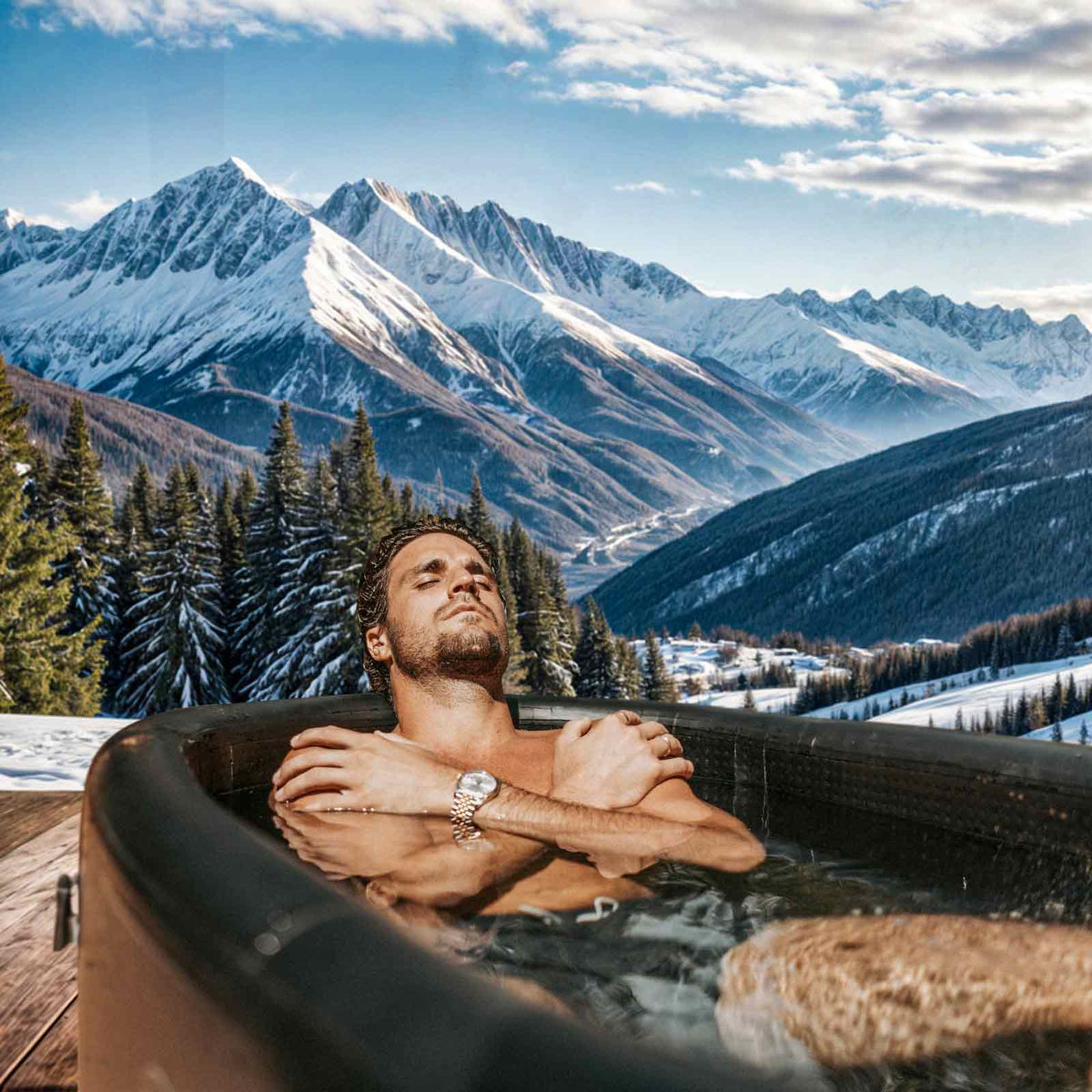 PLUNGE CHILL Pro tub in use with snowy mountain backdrop