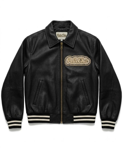 Pelle Chic Time Machine Black & Gold bomber — front product view
