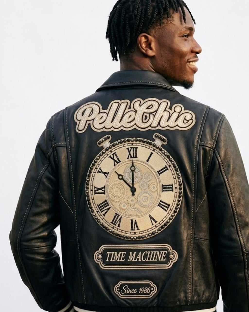 Pelle Chic Time Machine Black & Gold bomber — embroidered back on model