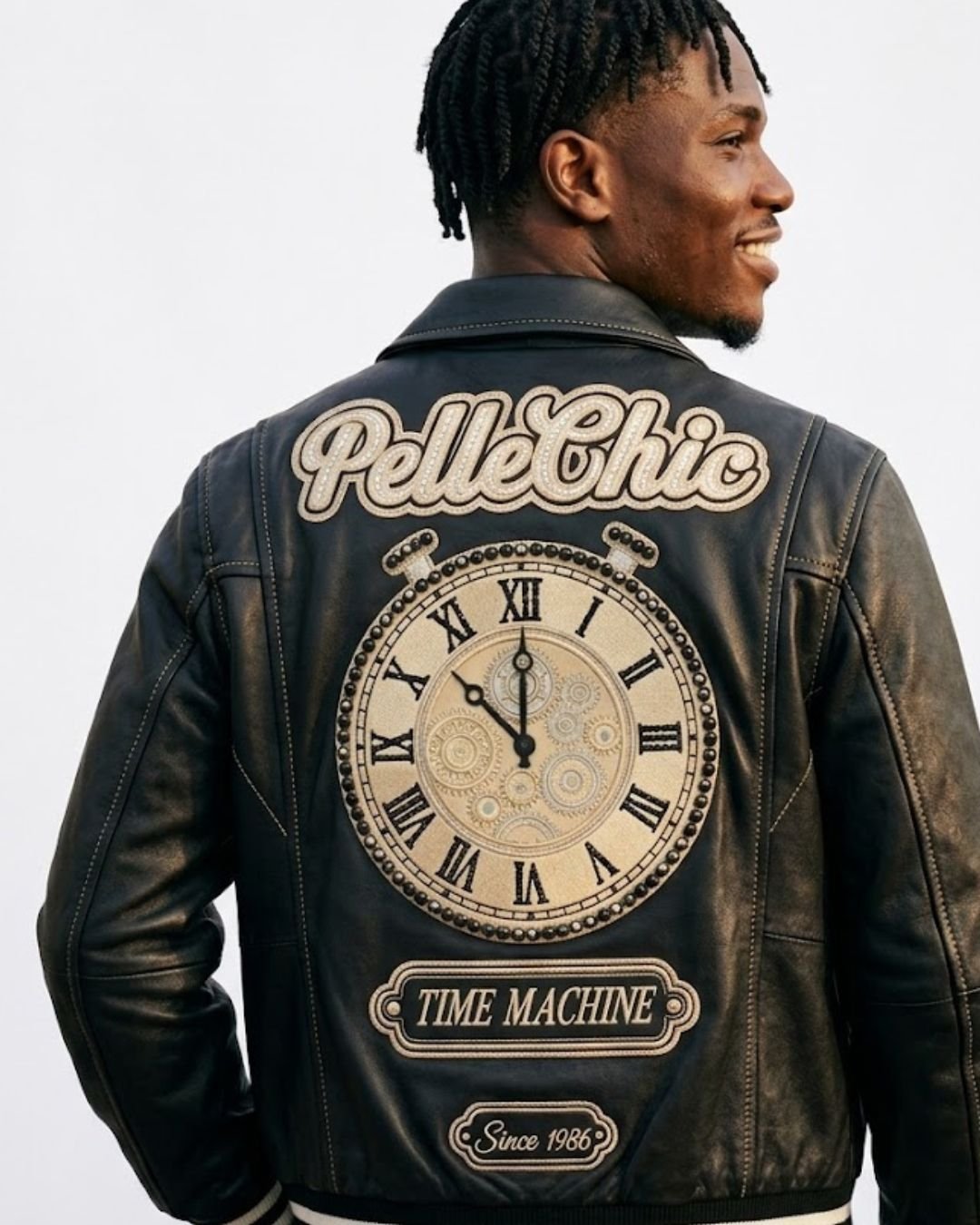 Pelle Chic Time Machine Black & Gold bomber — embroidered back on model