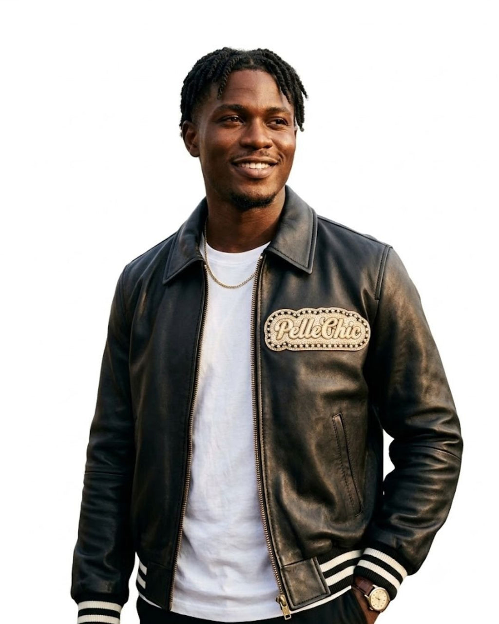 Pelle Chic Time Machine Black & Gold bomber — front on model
