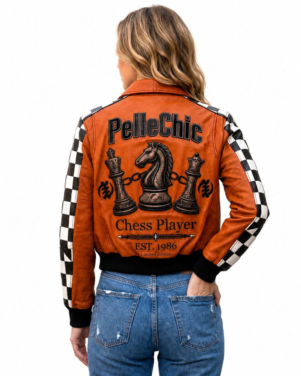 Pelle Chic Chess Player jacket — embroidered back on model
