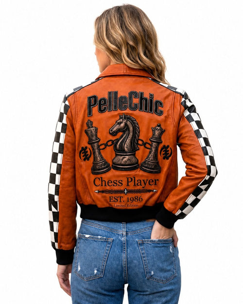 Pelle Chic Chess Player jacket — embroidered back on model