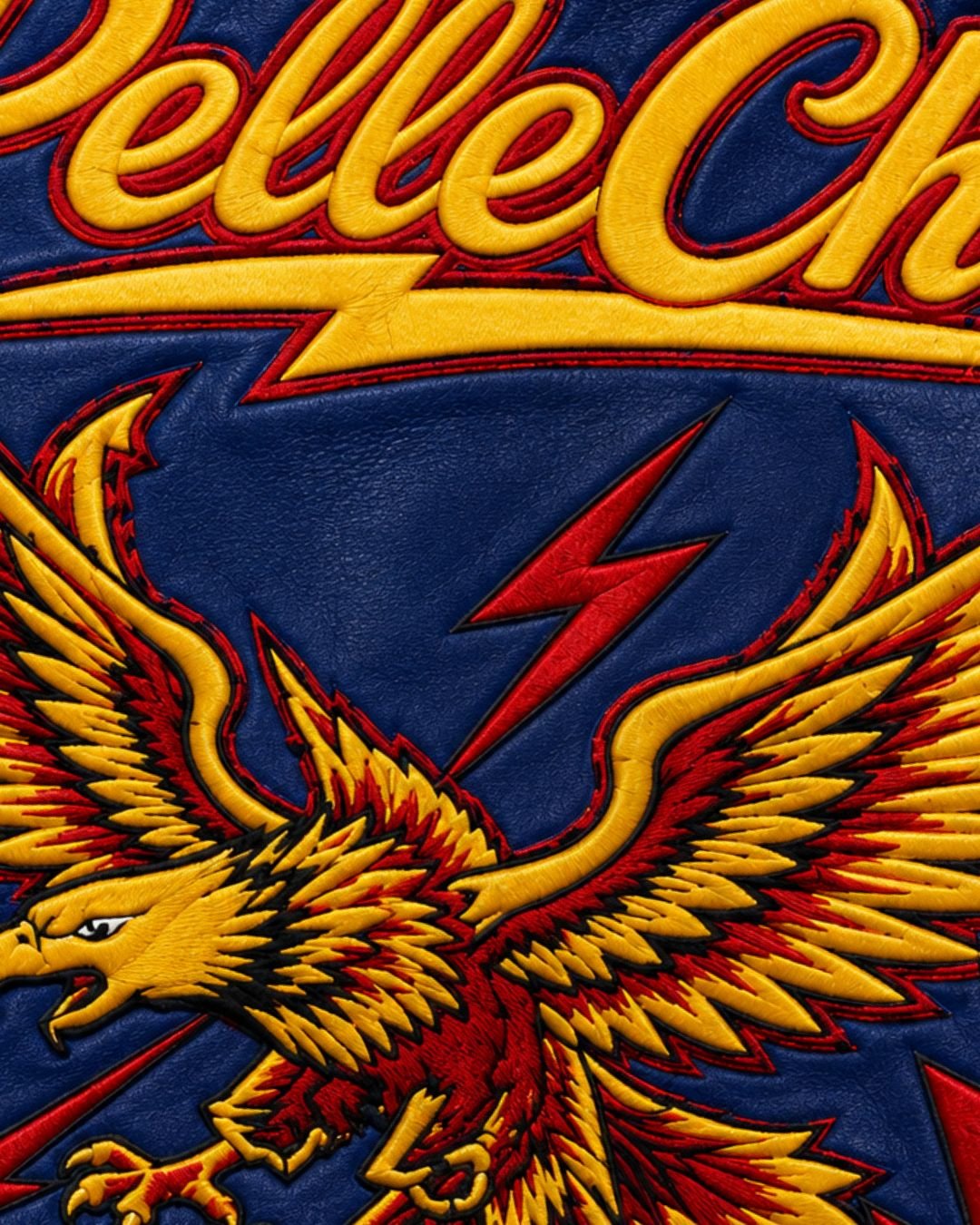 Pelle Chic Eagle Volt jacket — eagle and lightning embroidery detail
