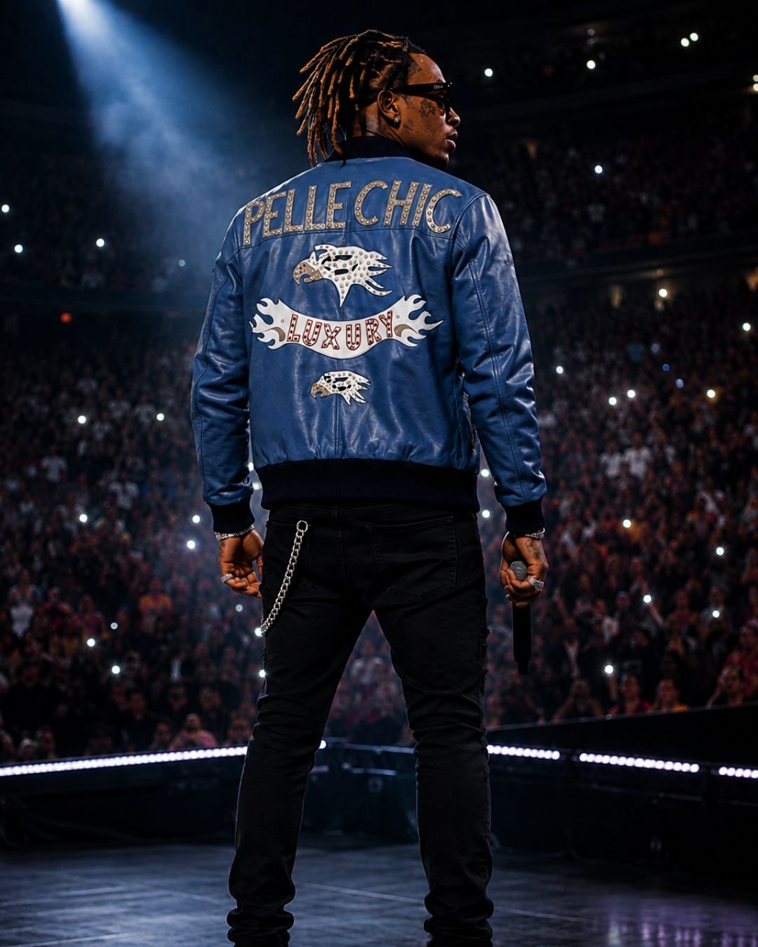 Pelle Chic Blue Studded bomber — supplier back styling image